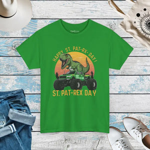 Dinosaur on Jeep Heavy Cotton Tee - St Patricks Day Unisex - Dipaliz - Irish Green / s - T-shirts