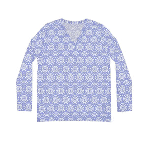 Periwinkle Mandala Women’s Long Sleeve V-neck Shirt (aop) - T-shirts - 2xl