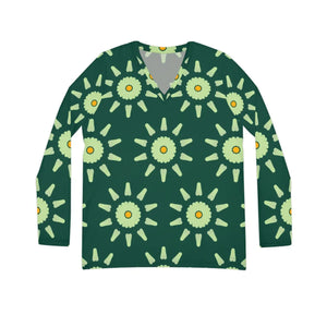 Green Long Sleeve v Neck - Abstract Floral Pattern - Dipaliz - T-shirts