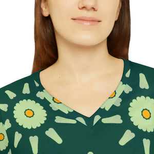 Green Long Sleeve v Neck - Abstract Floral Pattern - Dipaliz - T-shirts