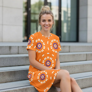Orange T-shirt Dress – Abstract Floral Pattern - Dipaliz - Dresses - Xs
