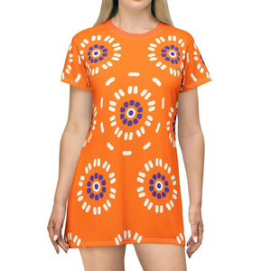 Orange T-shirt Dress – Abstract Floral Pattern - Dipaliz - Dresses - Xs