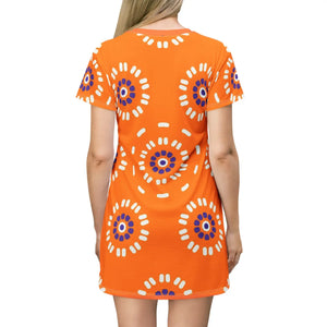 Orange T-shirt Dress – Abstract Floral Pattern - Dipaliz - Dresses - Xs