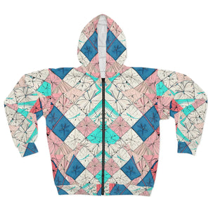 Women’s Pastel Geometric Kaleidoscope Zip-up Hoodie | Pink Teal Diamond Print Sweatshirt Unisex Zip (aop) - Hoodies
