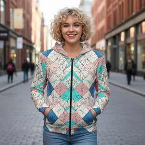 Women’s Pastel Geometric Kaleidoscope Zip-up Hoodie | Pink Teal Diamond Print Sweatshirt Unisex Zip (aop) - Hoodies