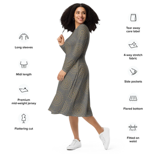 Print Long Sleeve Midi – Cocktail Dress - Dipaliz - Dresses - Xs