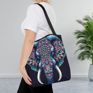 Print Tote Bag - Elephant Mandala Pattern Design - Dipaliz - 16’’ × / Black - Bags