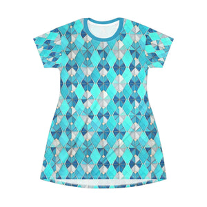 Aqua Blue Geometric Shirt Dress – Bamboo Cotton - Dipaliz - Dresses - Xs