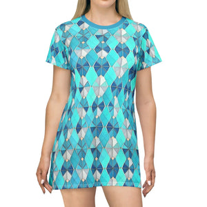 Aqua Blue Geometric Shirt Dress – Bamboo Cotton - Dipaliz - Dresses - Xs