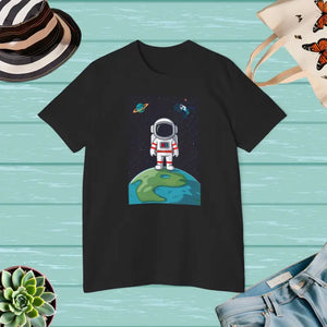 Astronaut in Space T-shirt — Planets Graphic Tee - Solid Black Blend / Xs - T-shirts