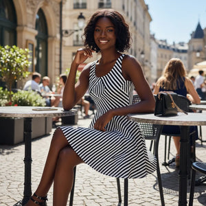 Black Striped Pattern Skater Dress Eco Material - Dipaliz - Dresses - Xs