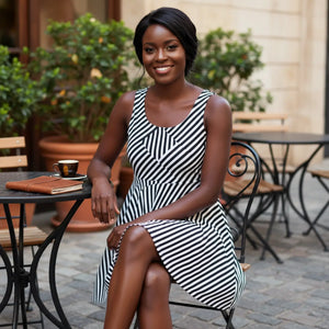 Black Striped Pattern Skater Dress Eco Material - Dipaliz - Dresses - Xs