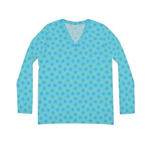 Sky Blue Hexagon Pattern Women’s Long Sleeve V-neck Shirt (aop) - T-shirts