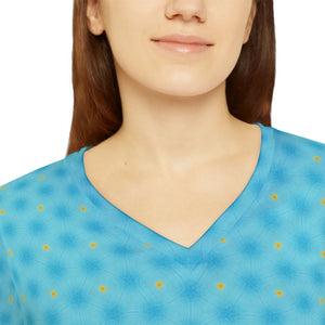 Sky Blue Hexagon Pattern Women’s Long Sleeve V-neck Shirt (aop) - T-shirts