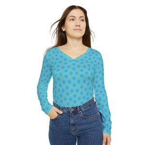 Sky Blue Hexagon Pattern Women’s Long Sleeve V-neck Shirt (aop) - T-shirts