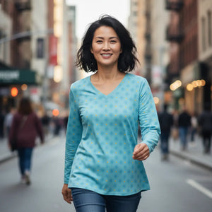 Sky Blue Hexagon Pattern Women’s Long Sleeve V-neck Shirt (aop) - T-shirts
