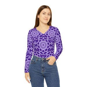 Purple Floral Medallion Pattern Women’s Long Sleeve V-neck Shirt (aop) - T-shirts