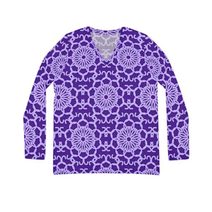 Purple Floral Medallion Pattern Women’s Long Sleeve V-neck Shirt (aop) - T-shirts