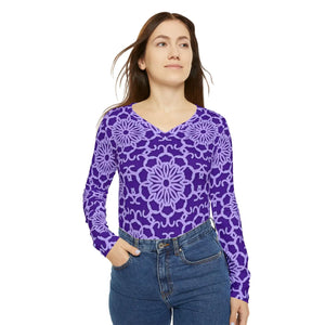 Purple Floral Medallion Pattern Women’s Long Sleeve V-neck Shirt (aop) - T-shirts
