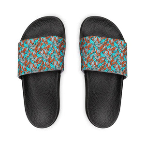 Cyan Paisley Slide Sandals - Summer Pattern Pu - Dipaliz