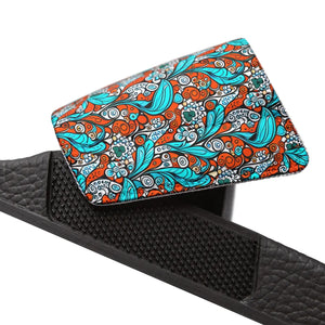 Cyan Paisley Slide Sandals - Summer Pattern Pu - Dipaliz