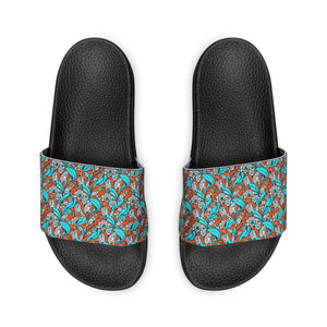 Cyan Paisley Slide Sandals - Summer Pattern Pu - Dipaliz