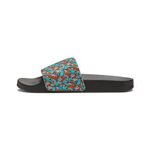 Cyan Paisley Slide Sandals - Summer Pattern Pu - Dipaliz