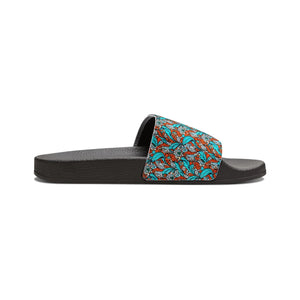 Cyan Paisley Slide Sandals - Summer Pattern Pu - Dipaliz