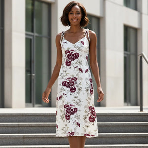 Dipaliz Burgundy Rose Floral Midi Dress Tie Strap Chiffon - Dresses - s