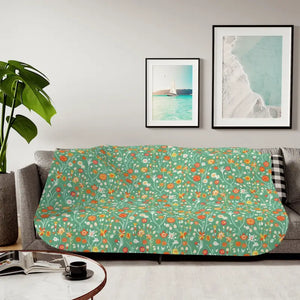 Home Decor - Floral Sherpa Blanket — Colorful Flowers on Green (beige or Grey) 60’’ × 80’’ / Beige
