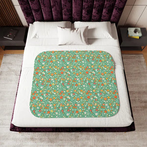 Home Decor - Floral Sherpa Blanket — Colorful Flowers on Green (beige or Grey)