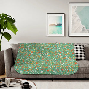 Home Decor - Floral Sherpa Blanket — Colorful Flowers on Green (beige or Grey)