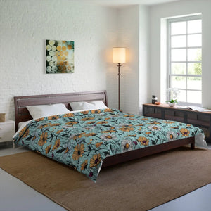 Teal Comforter – Orange Flowers Polyester - Dipaliz - Quilts & Comforters