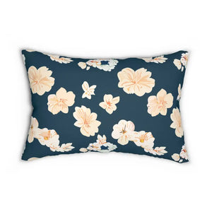 Polyester Lumbar Pillow - Cream Floral Dark Blue - Dipaliz - 20’’ × 14’’ - Pillows
