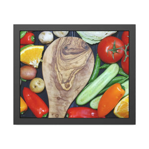 Vegetables Framed Art - Bold Cutting Board Design - Dipaliz - 20″ x 16″ (horizontal) / Black Frame / Semi Glossy