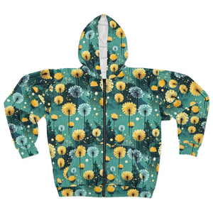 Women’s Dandelion Floral All-over Print Zip-up Hoodie | Teal Yellow Wildflower Sweatshirt Unisex Zip (aop) - Hoodies