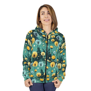 Women’s Dandelion Floral All-over Print Zip-up Hoodie | Teal Yellow Wildflower Sweatshirt Unisex Zip (aop) - Hoodies