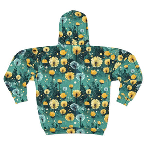Women’s Dandelion Floral All-over Print Zip-up Hoodie | Teal Yellow Wildflower Sweatshirt Unisex Zip (aop) - Hoodies
