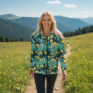 Women’s Dandelion Floral All-over Print Zip-up Hoodie | Teal Yellow Wildflower Sweatshirt Unisex Zip (aop) - Hoodies