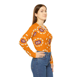 Orange Medallion Pattern Women’s Long Sleeve V-neck Shirt (aop) - T-shirts