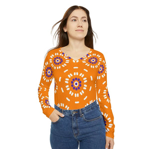 Orange Medallion Pattern Women’s Long Sleeve V-neck Shirt (aop) - T-shirts