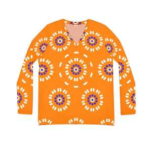 Orange Medallion Pattern Women’s Long Sleeve V-neck Shirt (aop) - T-shirts