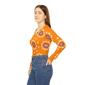 Orange Medallion Pattern Women’s Long Sleeve V-neck Shirt (aop) - T-shirts