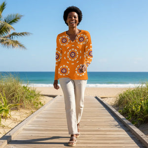 Orange Medallion Pattern Women’s Long Sleeve V-neck Shirt (aop) - T-shirts