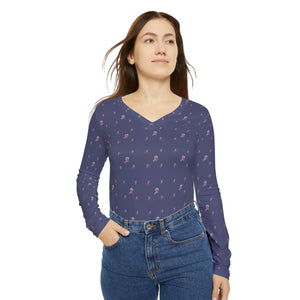 Navy Ditsy Floral Women’s Long Sleeve V-neck Shirt (aop) - T-shirts