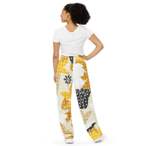Floral Wide Leg Pants - Yellow Flowers Jersey - Dipaliz
