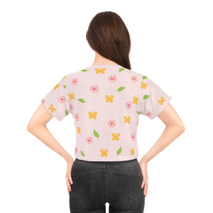 Flowers and Butterflies Pink Crop Tee - Silky Polyester - Dipaliz - T-shirts