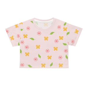 Flowers and Butterflies Pink Crop Tee - Silky Polyester - Dipaliz - T-shirts