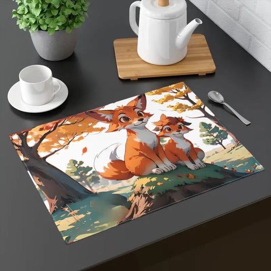 Foxes Sitting on a Wood in Fall Season with Pumpkins Placemat 1pc - 18’’ × 14’’ Home Decor