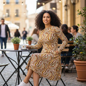 Dipaliz Golden Abstract Swirl Long Sleeve Midi Dress - Dresses - Xs